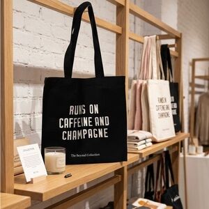 NWOT “Runs on Caffeine and Champagne” Canvas Black Tote
